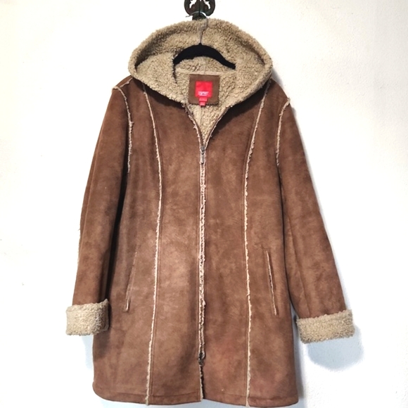 Vintage 80's/90's Esprit Faux Suede Sherpa Lined w/Hood Coat Large - Picture 2 of 12